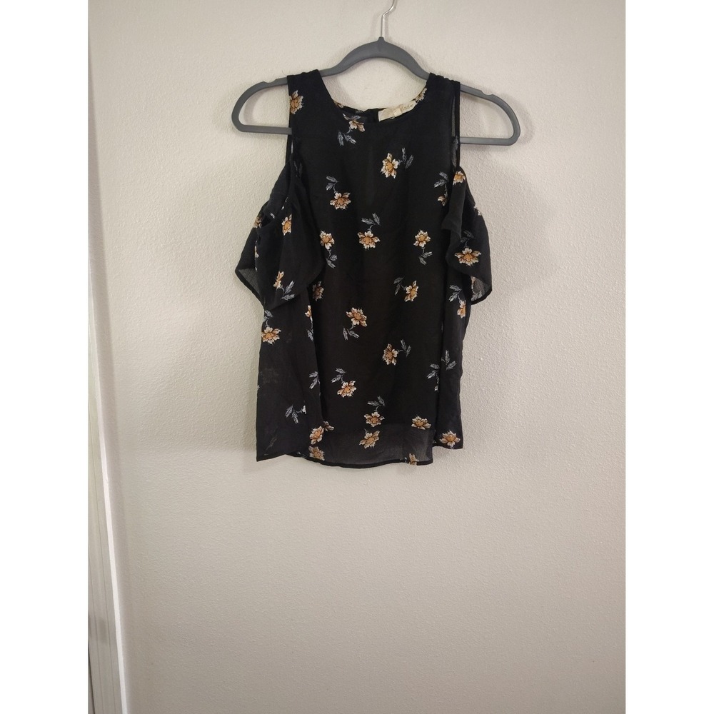 Rewind Womens Black Floral Cold Shoulder Ruffle Sleeve Blouse Top Size M